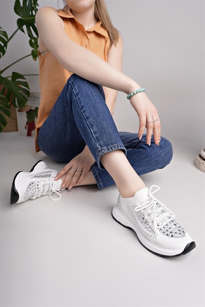 Kadın Bağcıklı Pullu  Triko Poli Taban Spor Sneaker Ayakkabı-Beyaz