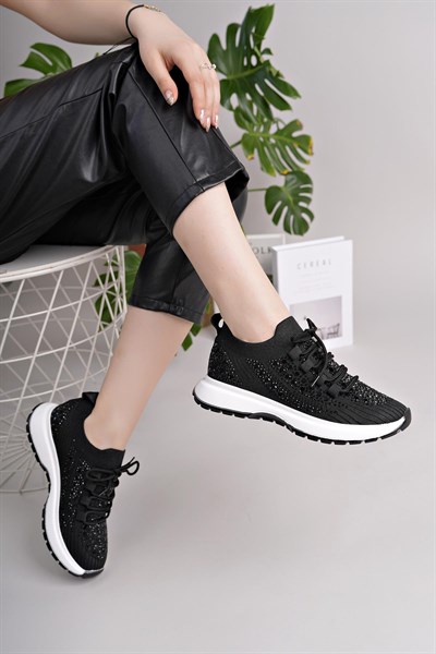 Kadın Bağcıklı Pullu  Triko Poli Taban Spor Sneaker Ayakkabı-Siyah