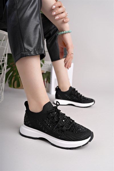 Kadın Bağcıklı Pullu  Triko Poli Taban Spor Sneaker Ayakkabı-Siyah