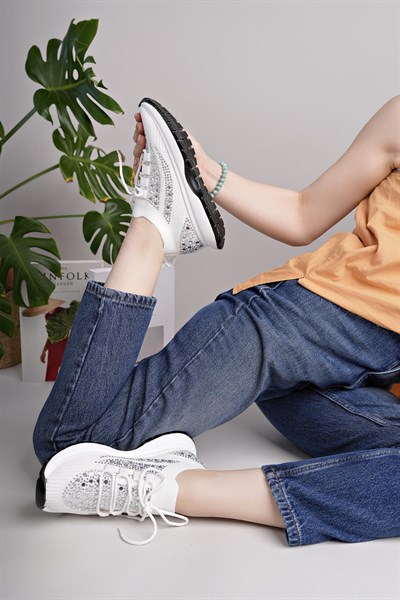 Kadın Bağcıklı Pullu  Triko Poli Taban Spor Sneaker Ayakkabı-Beyaz