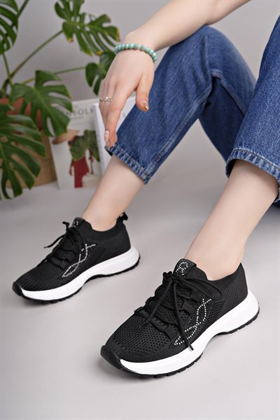 Kadın Bağcıklı Triko Poli Taban Spor Sneaker Ayakkabı-Siyah