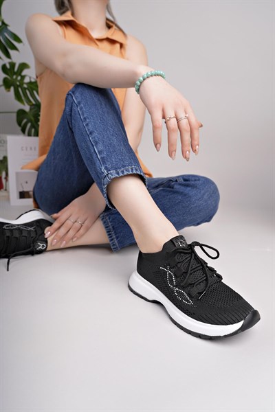 Kadın Bağcıklı Triko Poli Taban Spor Sneaker Ayakkabı-Siyah