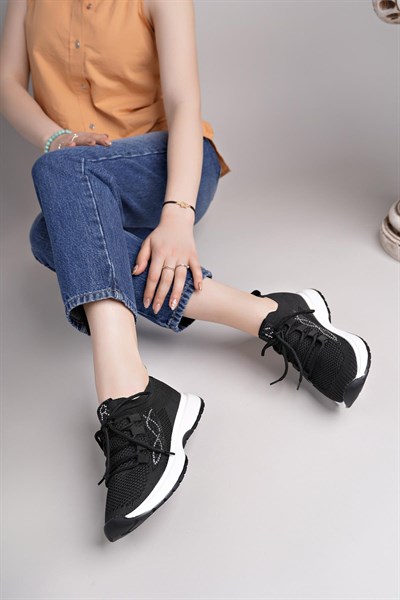 Kadın Bağcıklı Triko Poli Taban Spor Sneaker Ayakkabı-Siyah