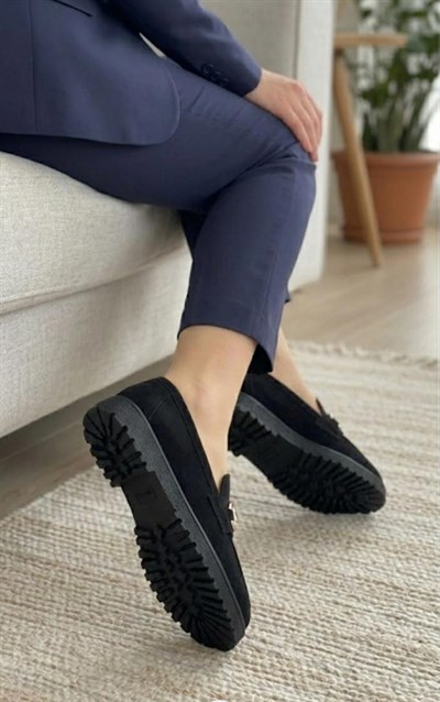 Kadın Süet Loafer Tokalı Günlük Ayakkabı - Siyah