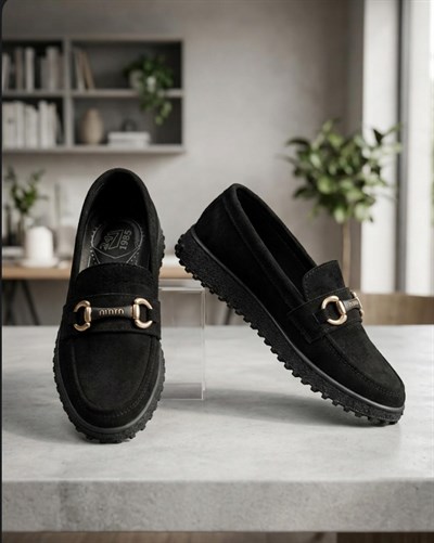 Kadın Süet Loafer Tokalı Günlük Ayakkabı - Siyah
