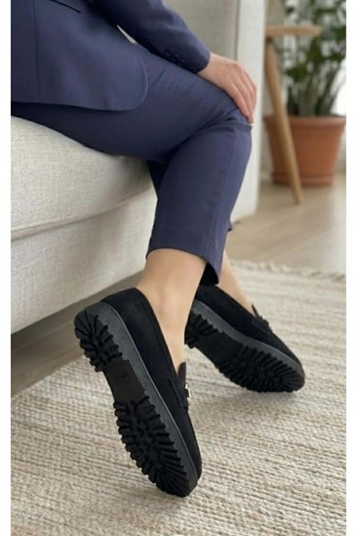 Kadın Süet Loafer Tokalı Günlük Ayakkabı - Siyah