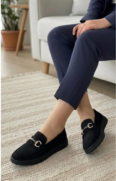 Kadın Süet Loafer Tokalı Günlük Ayakkabı - Siyah