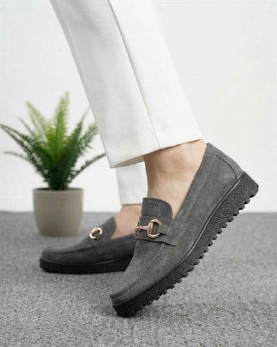 Kadın Süet Loafer Tokalı Günlük Ayakkabı - Antrasit