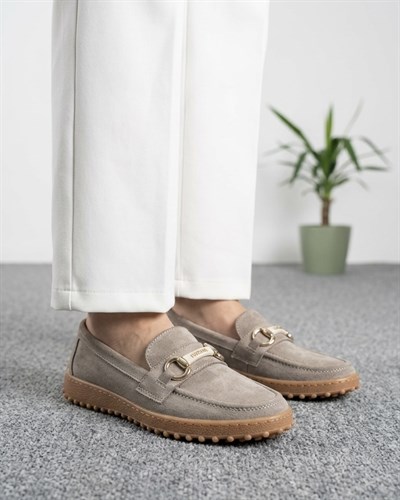 Kadın Süet Loafer Tokalı Günlük Ayakkabı - Vizon