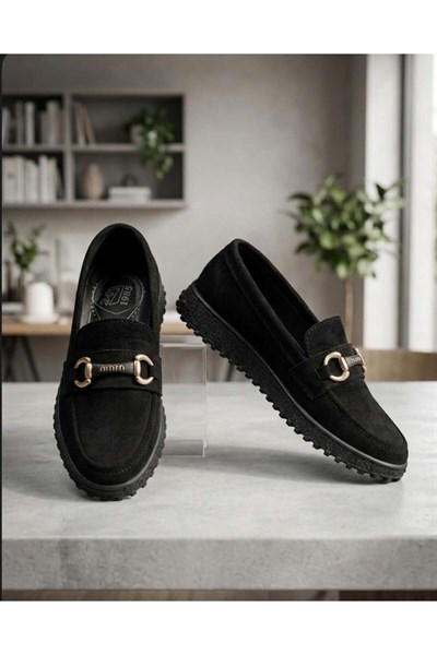 Kadın Süet Loafer Tokalı Günlük Ayakkabı - Siyah