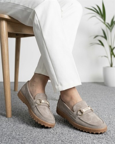 Kadın Süet Loafer Tokalı Günlük Ayakkabı - Vizon