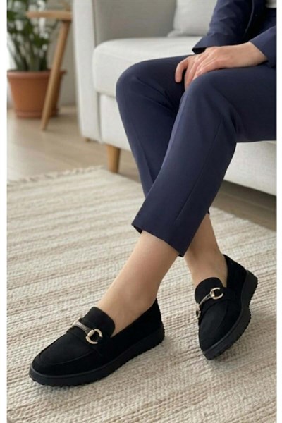 Kadın Süet Loafer Tokalı Günlük Ayakkabı - Siyah