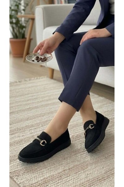 Kadın Süet Loafer Tokalı Günlük Ayakkabı - Siyah