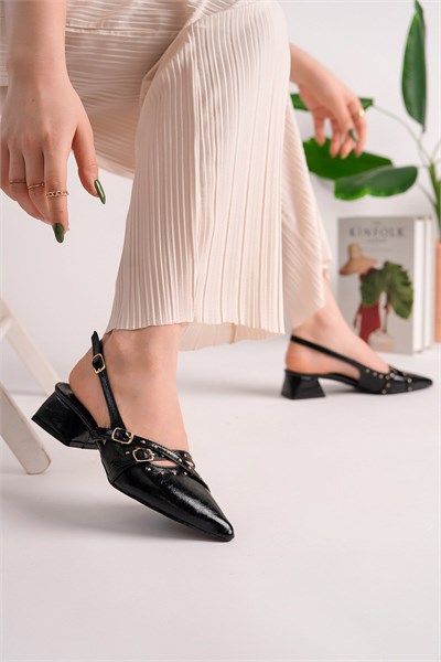 Kadın Taş Detaylı Sivri Burun Şık Slingback Kısa Topuklu Ayakkabı - Bej