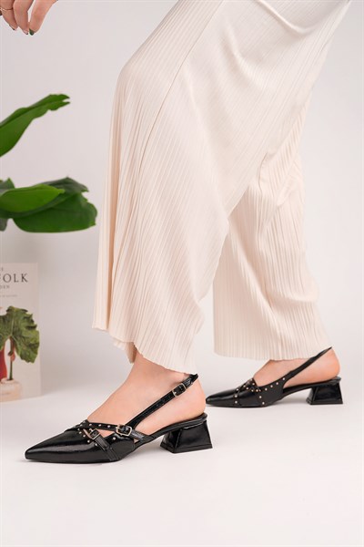 Kadın Taş Detaylı Sivri Burun Şık Slingback Kısa Topuklu Ayakkabı - Siyah