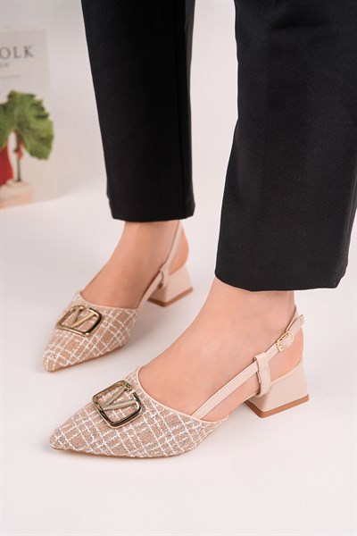 Kadın Toka Detaylı Slingback Kısa Topuklu Sivri Burun Ayakkabı - Bej