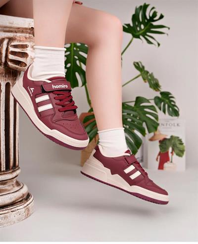 Unisex Bağcıklı Cırtlı Spor Sneaker Ayakkabı-Bordo-Beyaz