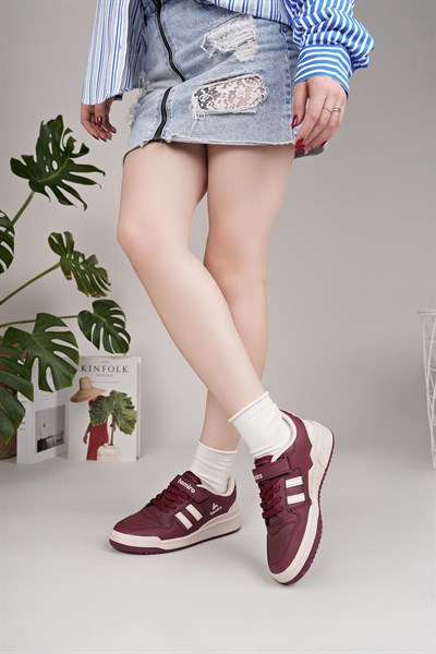 Unisex Bağcıklı Cırtlı Spor Sneaker Ayakkabı-Bordo-Beyaz