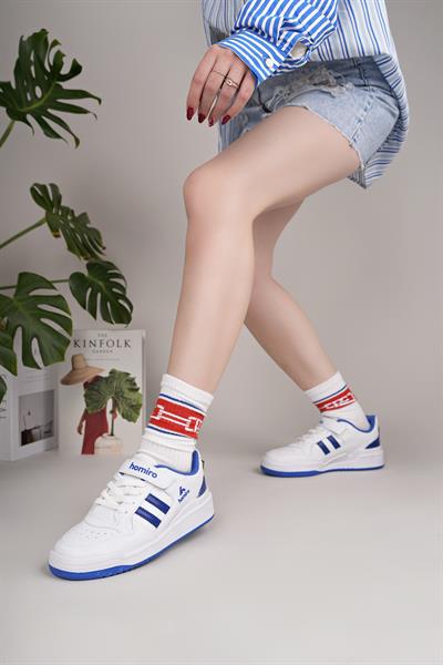 Unisex Bağcıklı Cırtlı Spor Sneaker Ayakkabı-Beyaz-Sax