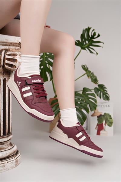 Unisex Bağcıklı Cırtlı Spor Sneaker Ayakkabı-Bordo-Beyaz