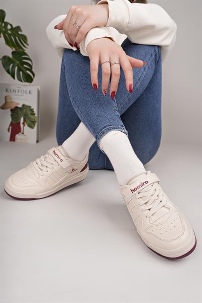 Unisex Bağcıklı Cırtlı Spor Sneaker Ayakkabı-Krem-Bordo