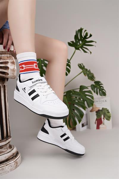 Unisex Bağcıklı Cırtlı Spor Sneaker Ayakkabı-Beyaz-Siyah
