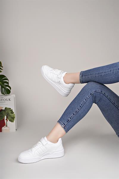 Unisex Bağcıklı Cırtlı Spor Sneaker Ayakkabı-Beyaz