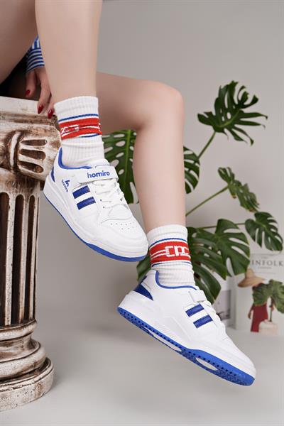 Unisex Bağcıklı Cırtlı Spor Sneaker Ayakkabı-Beyaz-Sax