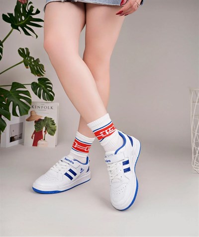 Unisex Bağcıklı Cırtlı Spor Sneaker Ayakkabı-Beyaz-Sax
