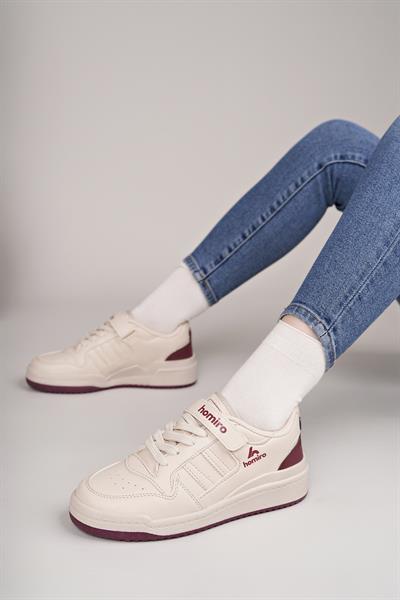 Unisex Bağcıklı Cırtlı Spor Sneaker Ayakkabı-Krem-Bordo