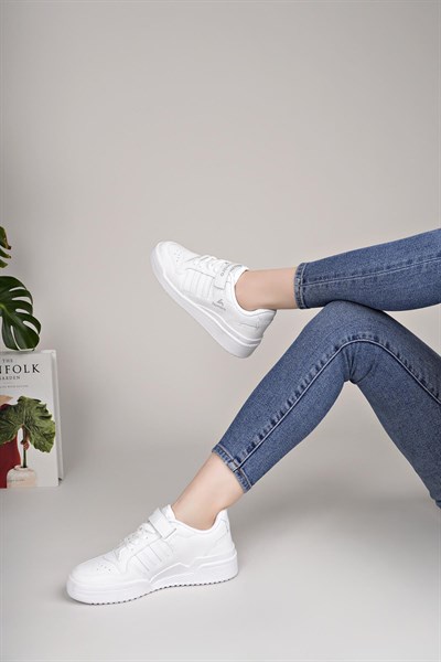Unisex Bağcıklı Cırtlı Spor Sneaker Ayakkabı-Beyaz
