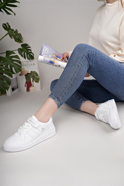 Unisex Bağcıklı Cırtlı Spor Sneaker Ayakkabı-Beyaz