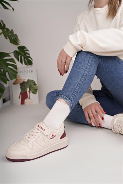 Unisex Bağcıklı Cırtlı Spor Sneaker Ayakkabı-Krem-Bordo