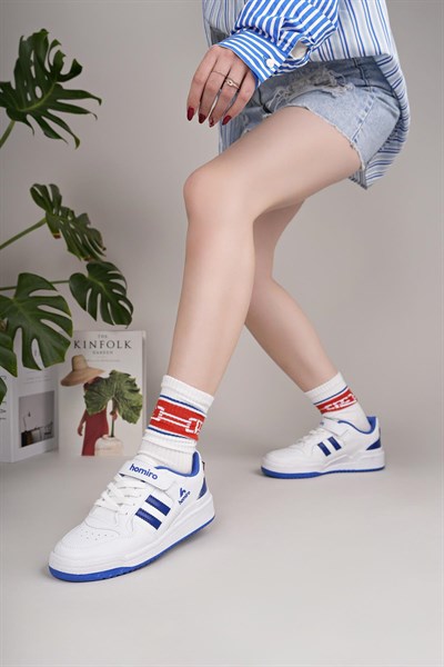 Unisex Bağcıklı Cırtlı Spor Sneaker Ayakkabı-Beyaz-Sax