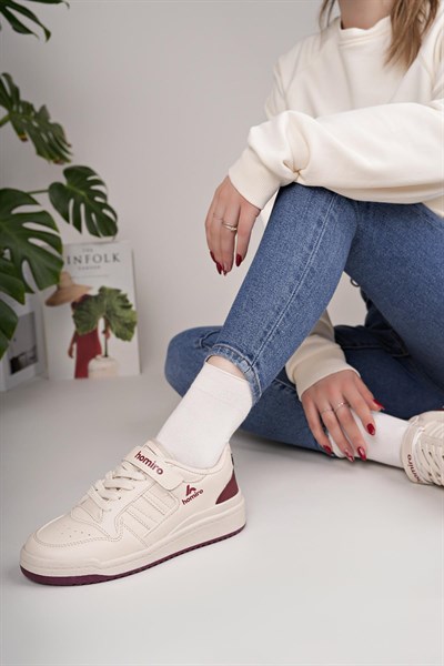 Unisex Bağcıklı Cırtlı Spor Sneaker Ayakkabı-Krem-Bordo