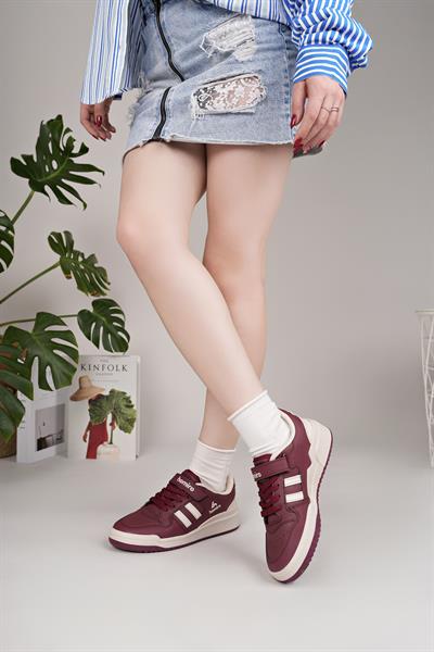 Unisex Bağcıklı Cırtlı Spor Sneaker Ayakkabı-Bordo-Beyaz