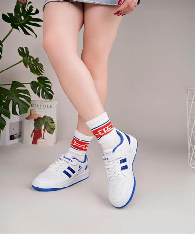 Unisex Bağcıklı Cırtlı Spor Sneaker Ayakkabı-Beyaz-Sax
