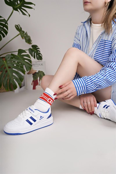 Unisex Bağcıklı Cırtlı Spor Sneaker Ayakkabı-Beyaz-Sax