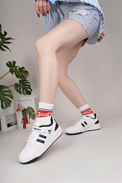 Unisex Bağcıklı Cırtlı Spor Sneaker Ayakkabı-Beyaz-Siyah