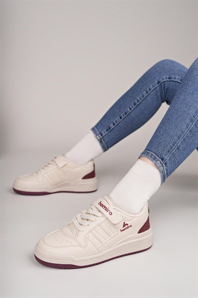 Unisex Bağcıklı Cırtlı Spor Sneaker Ayakkabı-Krem-Bordo