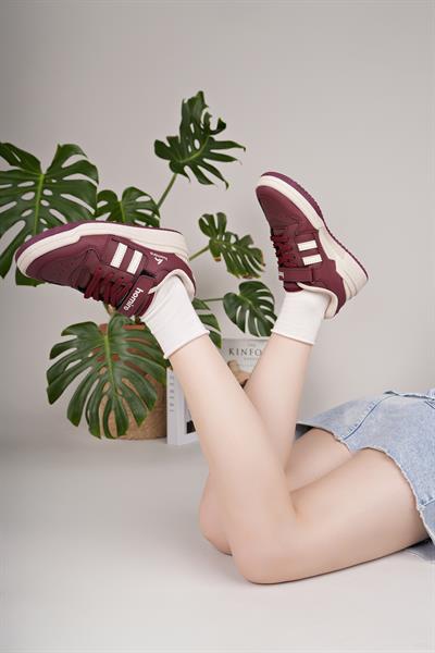 Unisex Bağcıklı Cırtlı Spor Sneaker Ayakkabı-Bordo-Beyaz