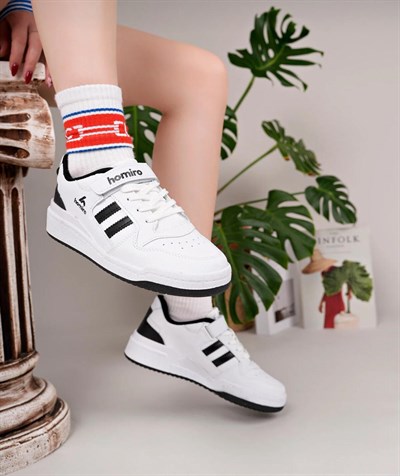 Unisex Bağcıklı Cırtlı Spor Sneaker Ayakkabı-Beyaz-Siyah