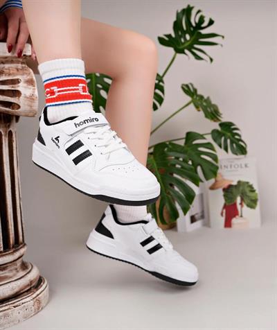 Unisex Bağcıklı Cırtlı Spor Sneaker Ayakkabı-Beyaz-Siyah