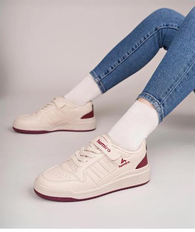 Unisex Bağcıklı Cırtlı Spor Sneaker Ayakkabı-Krem-Bordo
