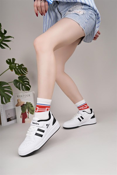 Unisex Bağcıklı Cırtlı Spor Sneaker Ayakkabı-Beyaz-Siyah