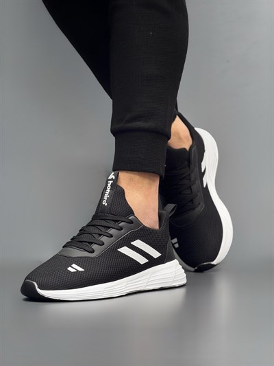 Unisex Bağcıklı Triko Poli Taban Spor Ayakkabı-Siyah-Beyaz