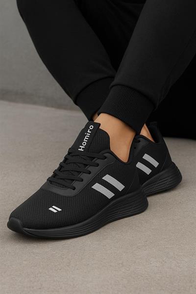 Unisex Bağcıklı Triko Poli Taban Spor Ayakkabı-Siyah-Füme