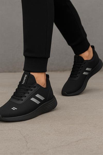 Unisex Bağcıklı Triko Poli Taban Spor Ayakkabı-Siyah-Füme