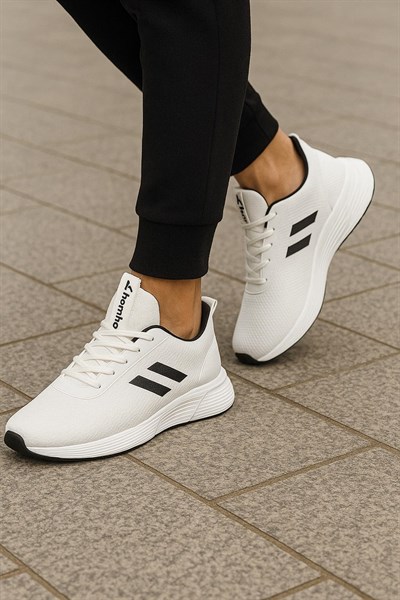 Unisex Bağcıklı Triko Poli Taban Spor Ayakkabı-Beyaz-Siyah