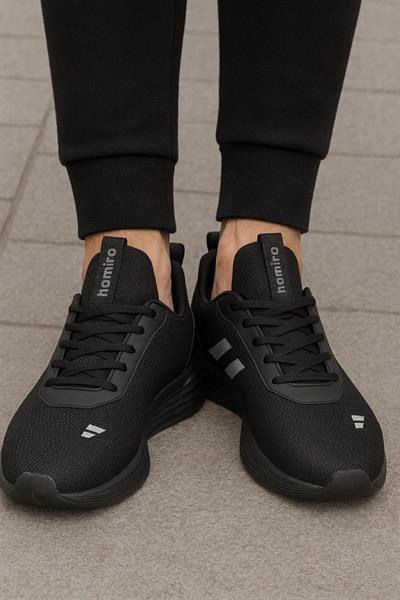 Unisex Bağcıklı Triko Poli Taban Spor Ayakkabı-Siyah-Füme